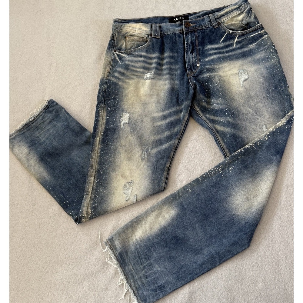 Mens AKOO 100% authentic size 38 Distressed Jeans Medium wash blue denim